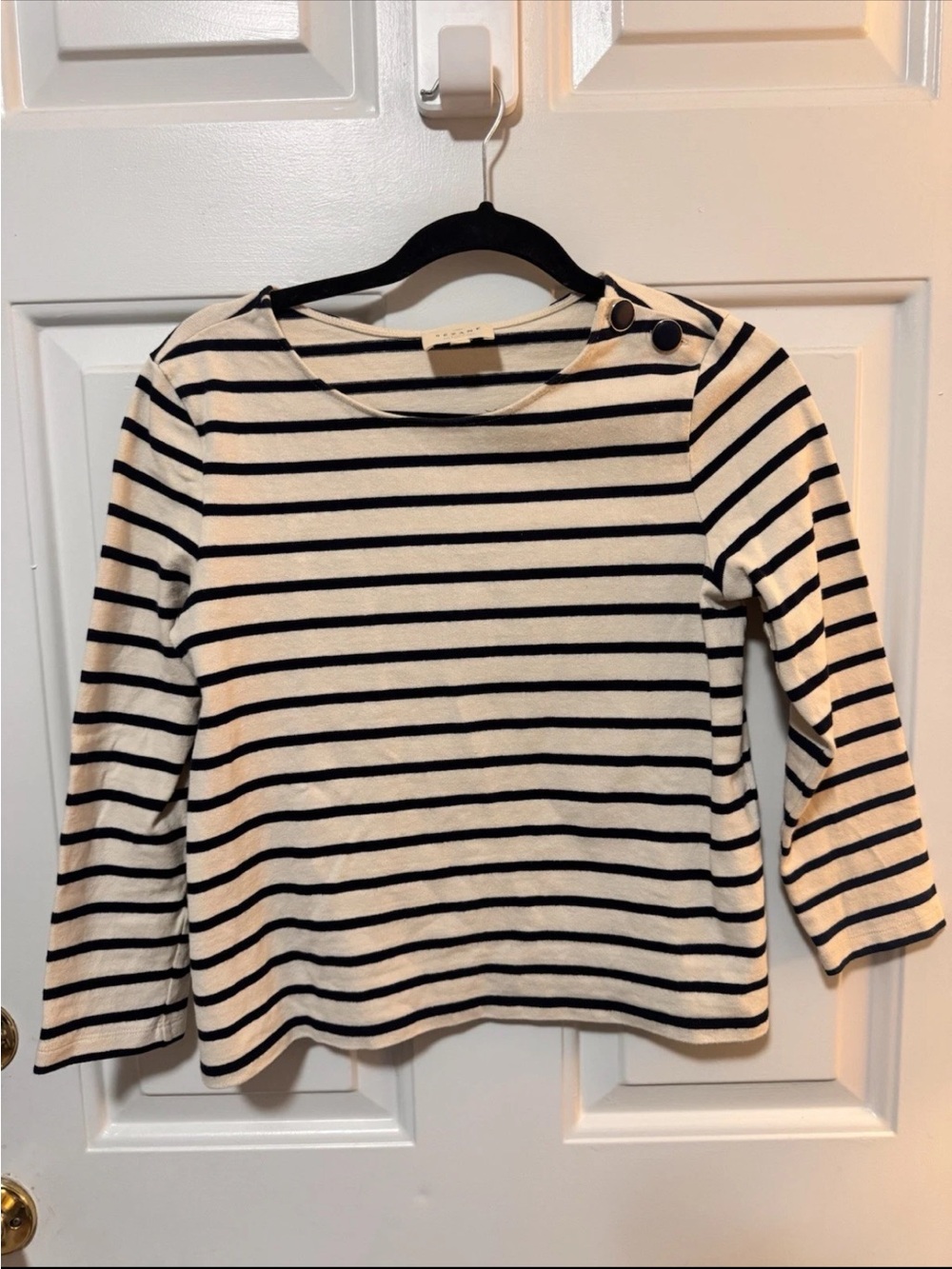 Sezane Colette Marinière Sailor Organic Cotton Striped Top Tee Ecru Navy Small